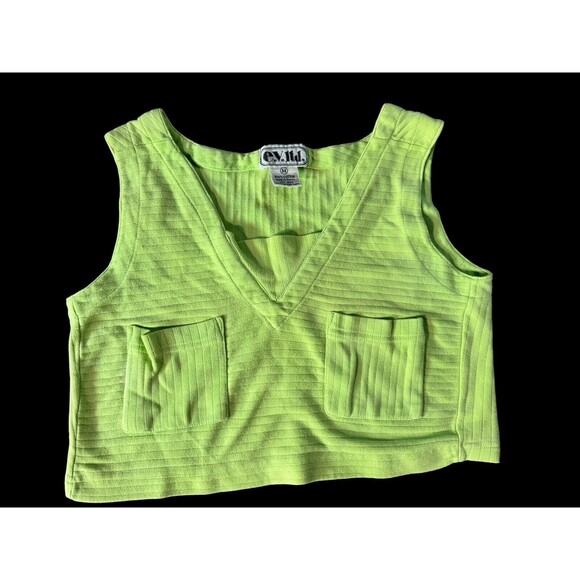 Vtg Women’s v neck tank top E.V. LTD With 2 Front Pockets Size M Lime Green - Picture 2 of 8